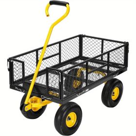 Heavy duty 1100 pound capacity mesh steel garden cart folding multifunctional vehicle with detachable sides and tires (black)