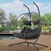 2 Persons Egg Chair with Stand Indoor Outdoor Swing Chair Patio Wicker Hanging Egg Chair Hanging Basket Chair with Stand for Bedroom Living Room Balco