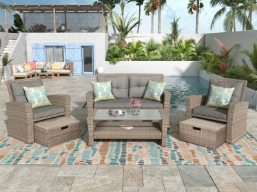 Patio Furniture Set;  4 Piece Outdoor Conversation Set All Weather Wicker Sectional Sofa with Ottoman and Cushions (Color: Gray)