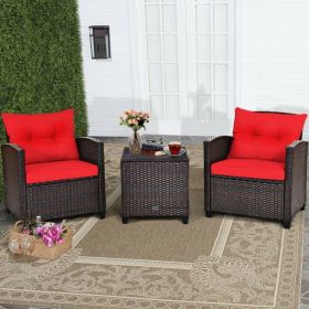 3 Pieces Rattan Patio Furniture Set with Washable Cushion (Color: Red)