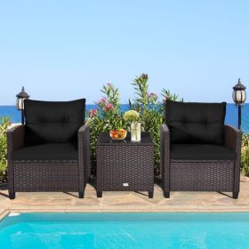 3 Pieces Rattan Patio Furniture Set with Washable Cushion (Color: Black)